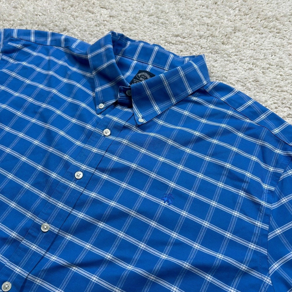 Brooks Brothers Button Down Shirt 4XLT Blue Plaid Non-Iron Stretch Short Sleeve